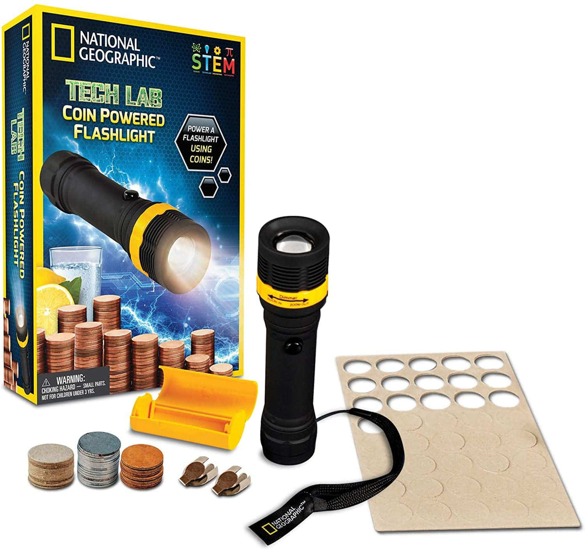 Coin powered flashlight with black and yellow body, plus coin pads and cord