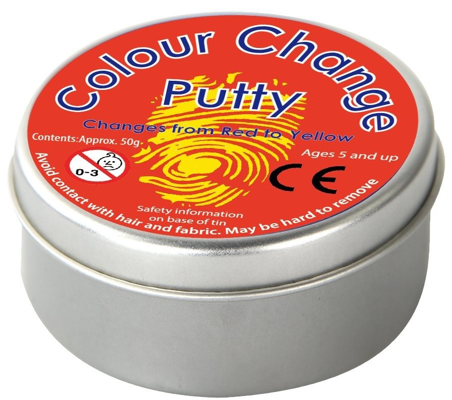 Round tin of color-change putty with red-to-yellow label on top