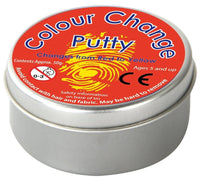 Round tin of color-change putty with red-to-yellow label on top