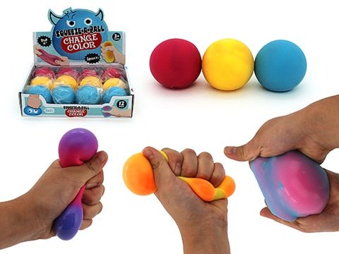 Color-changing squeeze stress balls, red, yellow, and blue spheres