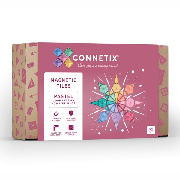 Pastel magnetic tile set box with geometric piece tray and 40-piece text