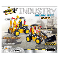 2-in-1 construction work set box with yellow and red metal vehicles and tools