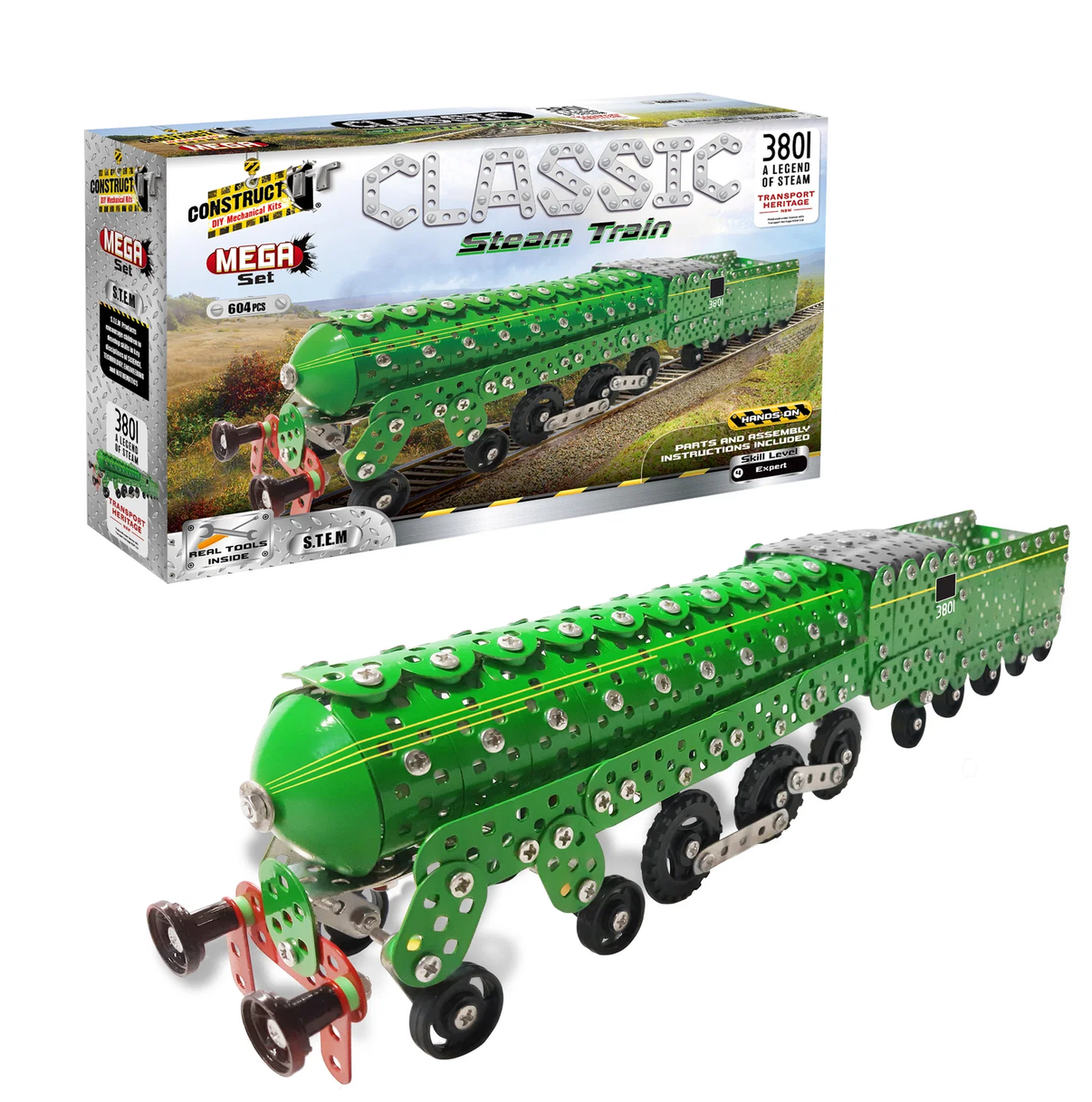 Green steam train model with detailed wheels and front lamp, assembled view