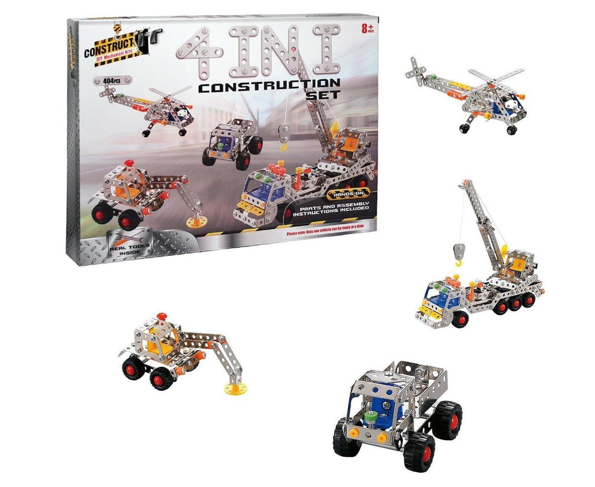 4-in-1 metal construction set with four vehicle models and gray instruction panels