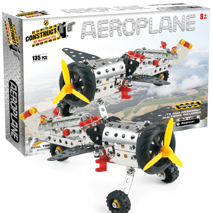 Aeroplane metal construction set with yellow propellers, wheels, and red cockpit parts