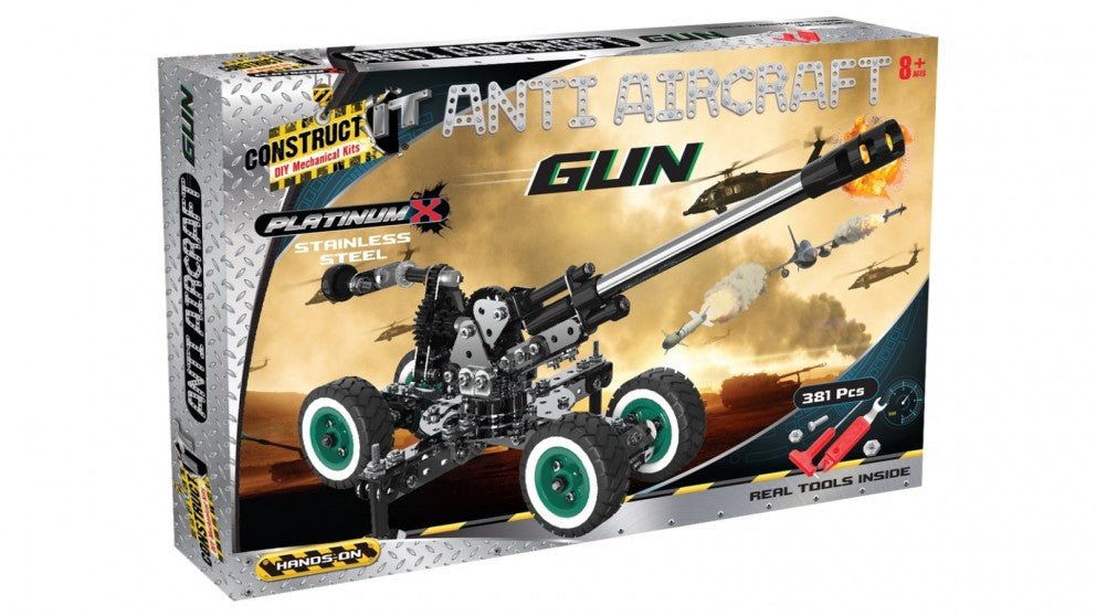 Anti aircraft gun construction set box with assembled model and tools