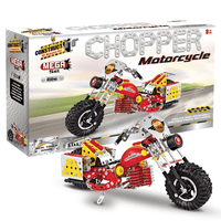 Motorcycle building set box with red-and-yellow chopper model assembly shown
