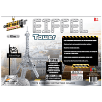 Eiffel Tower building kit box back with parts layout and instruction text
