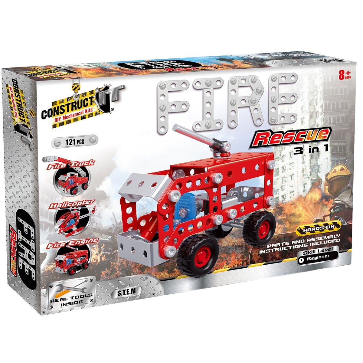 3-in-1 metal rescue build kit, red fire truck with gray parts, 121 pieces