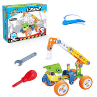Crane construction toy set box with 98 pieces and included tools, screwdriver