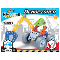 Flexible construction toy kit with colorful demolition vehicle, 74 pieces, tools included