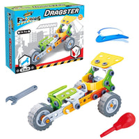 Flexible 74-piece dragster model kit with assembled vehicle, wrench tool, and handle