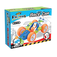Race car flexible building set box front, blue chassis with orange wheels