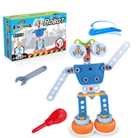 59-piece flexible robot building set box with assembled blue-and-orange robot figure