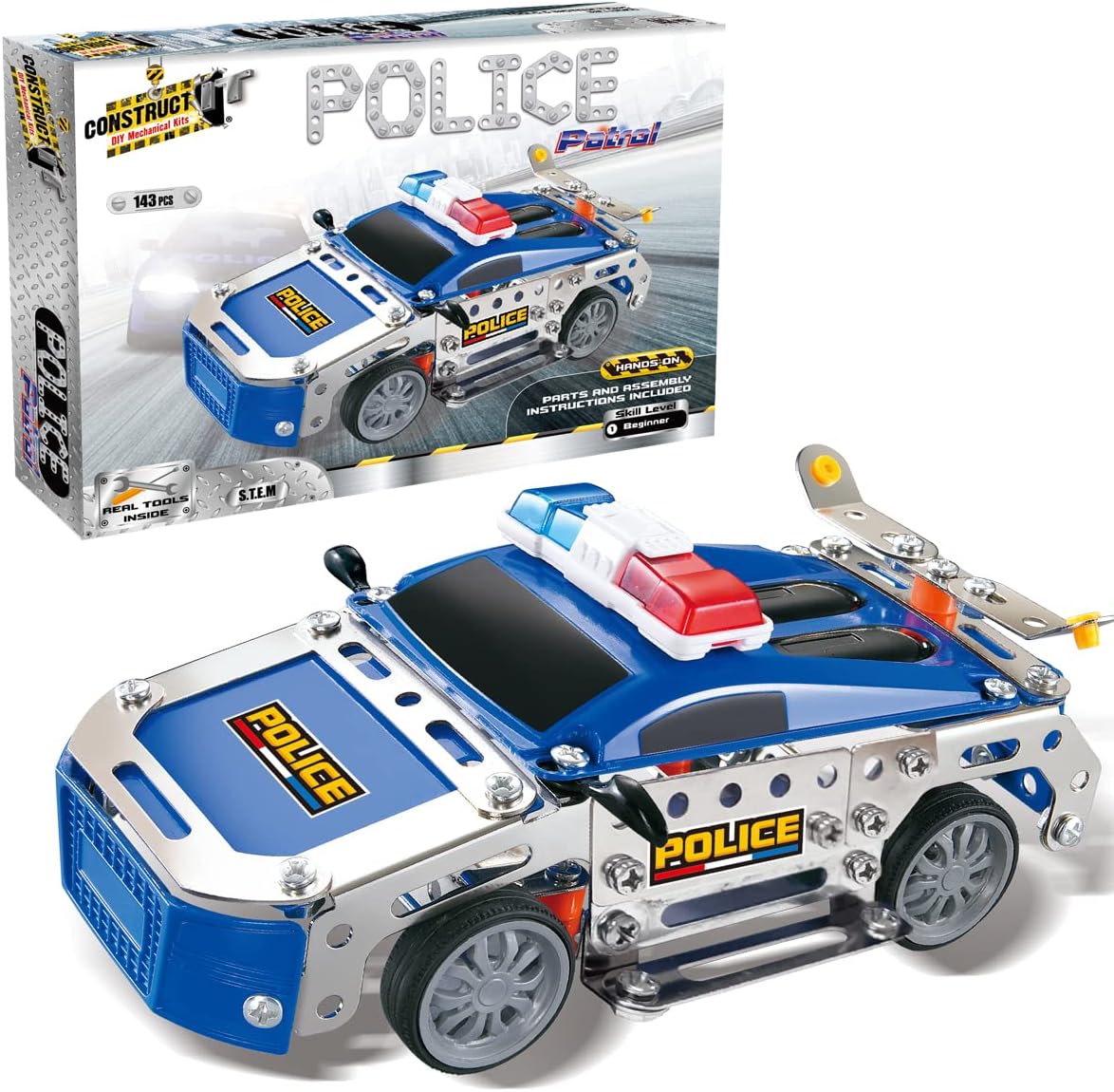 Police car building kit in retail box, shown with blue-and-white model vehicle