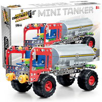 Red and silver mini tanker build toy with black tread wheels, exposed metal beams, parts