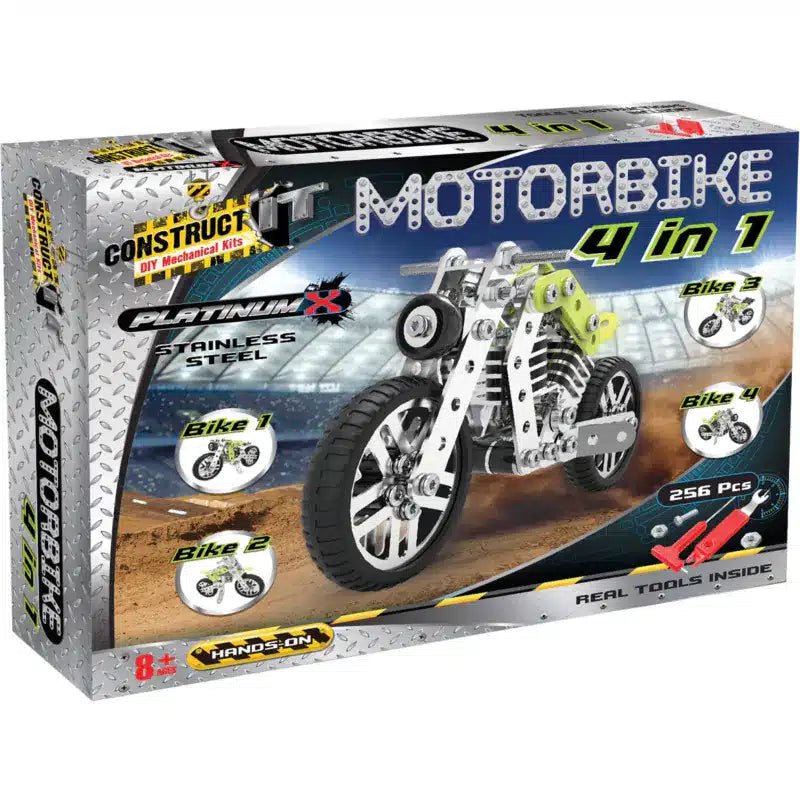 Motorbike 4-in-1 DIY metal model kit box with 256 pieces and tools inside
