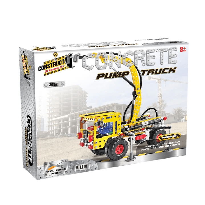 Pump truck building set box with yellow crane pump truck and gray support legs
