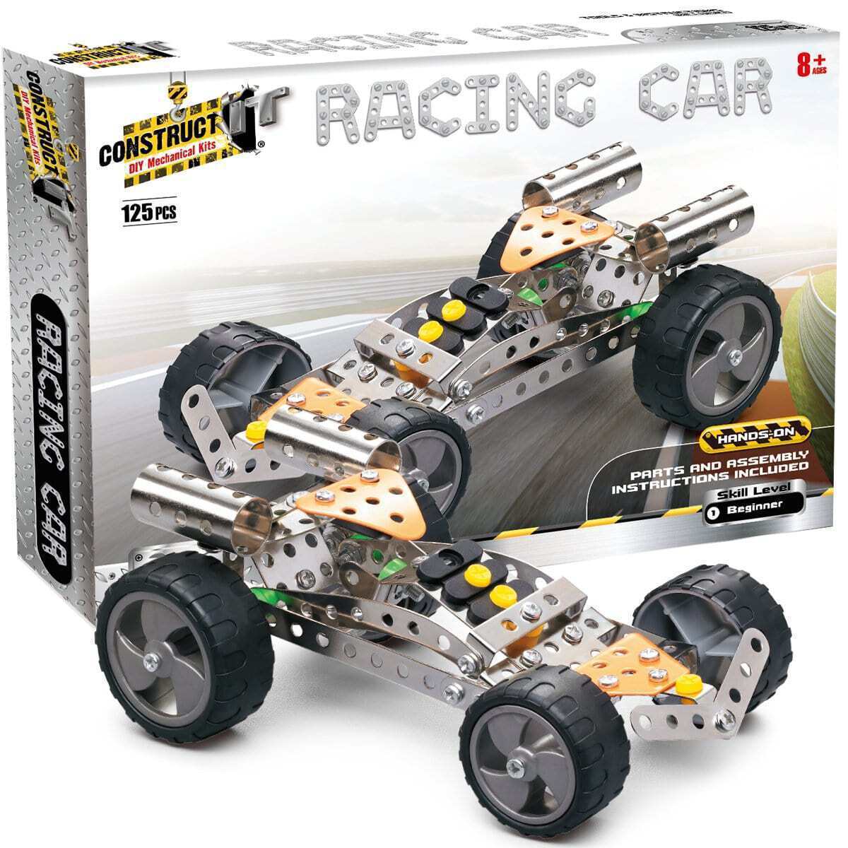 Metal racing car building set with black wheels, orange plate top, yellow and green details