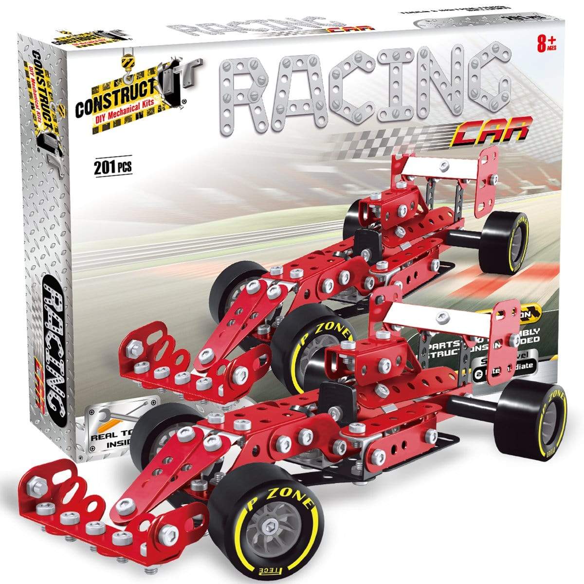 Red and black F1-style racing car construction kit with four wheels and metal frame