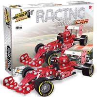 Red and black F1-style racing car construction kit with four wheels and metal frame