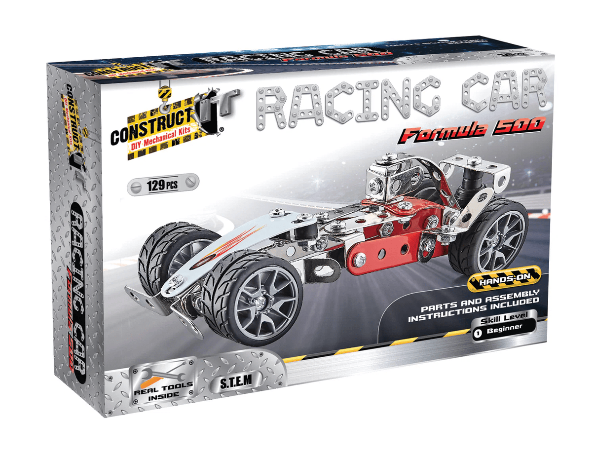 Racing car model building set in retail box with Formula 500 design