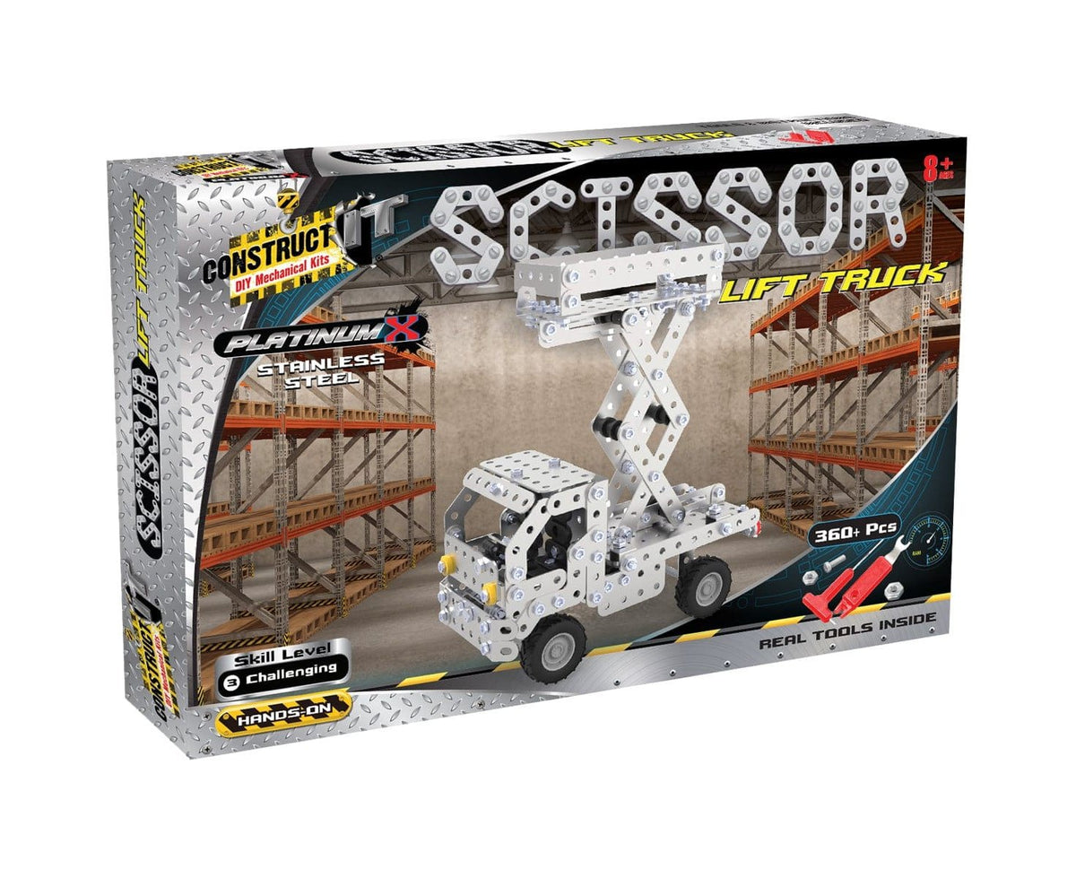 Scissor lift truck model construction kit box with metal truck pictured
