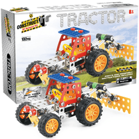 Toy tractor building kit with metal parts, orange wheels, and red frame