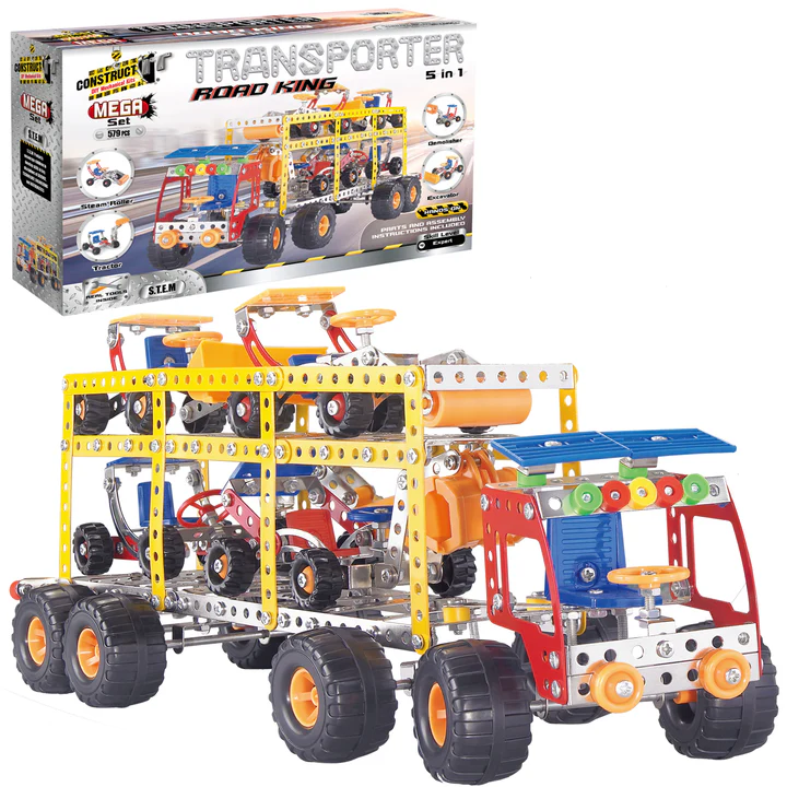 Construct It Transporter Road King 5-in-1 construction set box with assembled vehicle
