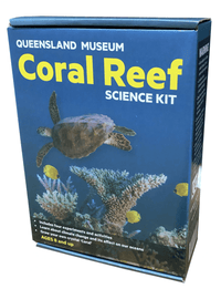 Coral reef science kit box front with turtle and coral illustration