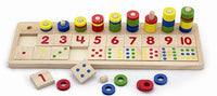 Wooden number counting and matching board with colored peg pieces and numbered tiles