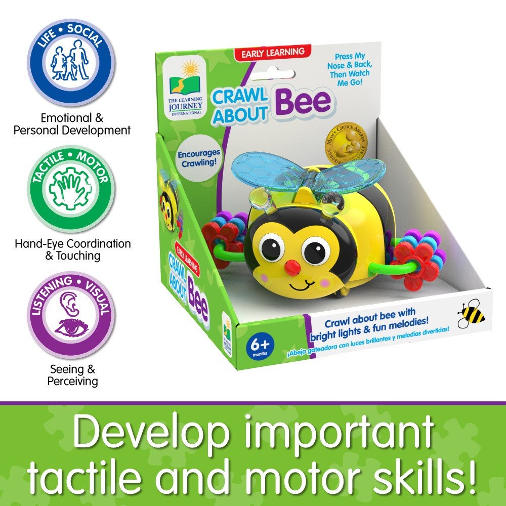 Retail box for crawling bee toy featuring yellow bee character and wing lights