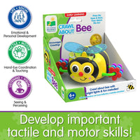 Retail box for crawling bee toy featuring yellow bee character and wing lights