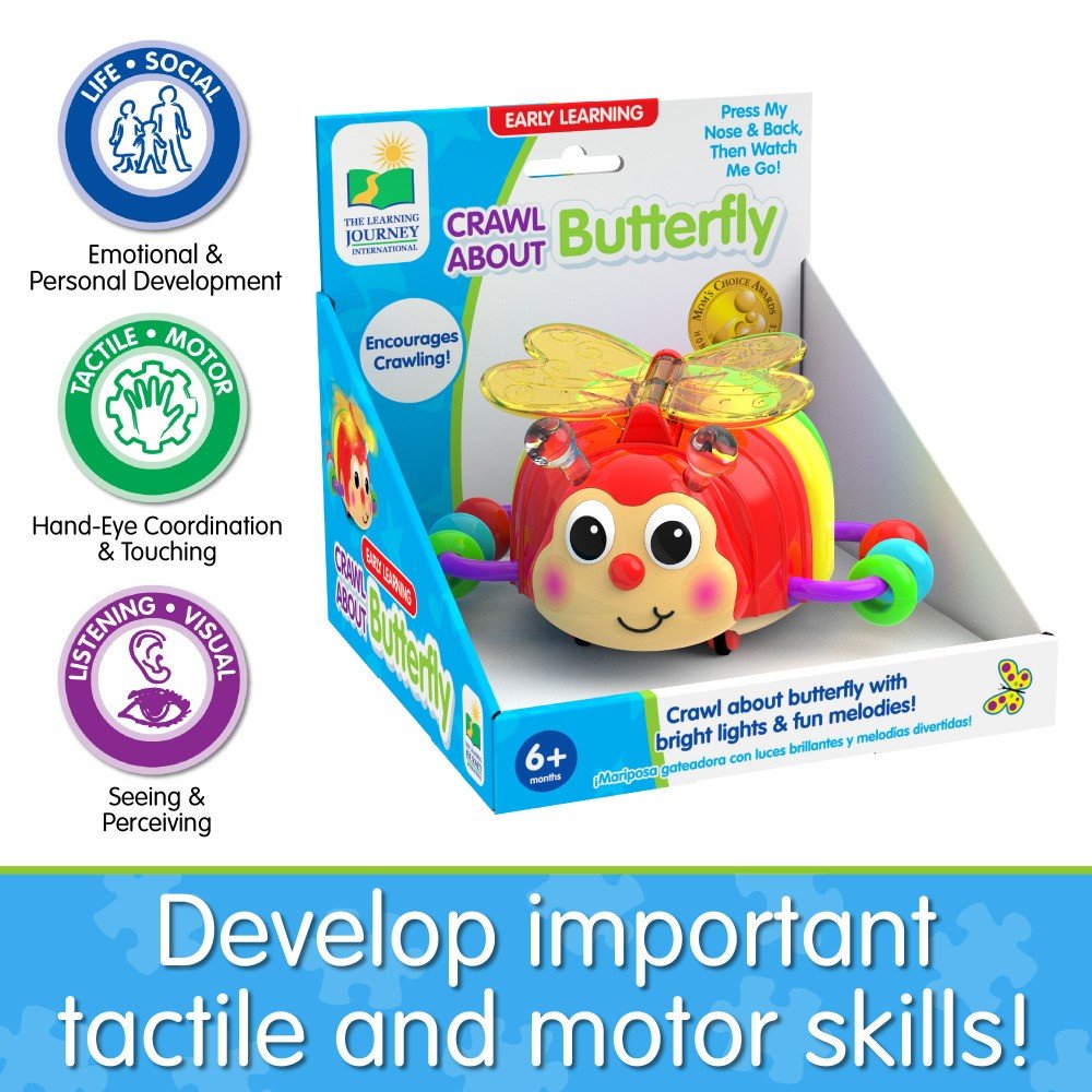 Learning crawl-about butterfly toy, red body with yellow wings and purple feet