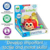 Learning crawl-about butterfly toy, red body with yellow wings and purple feet