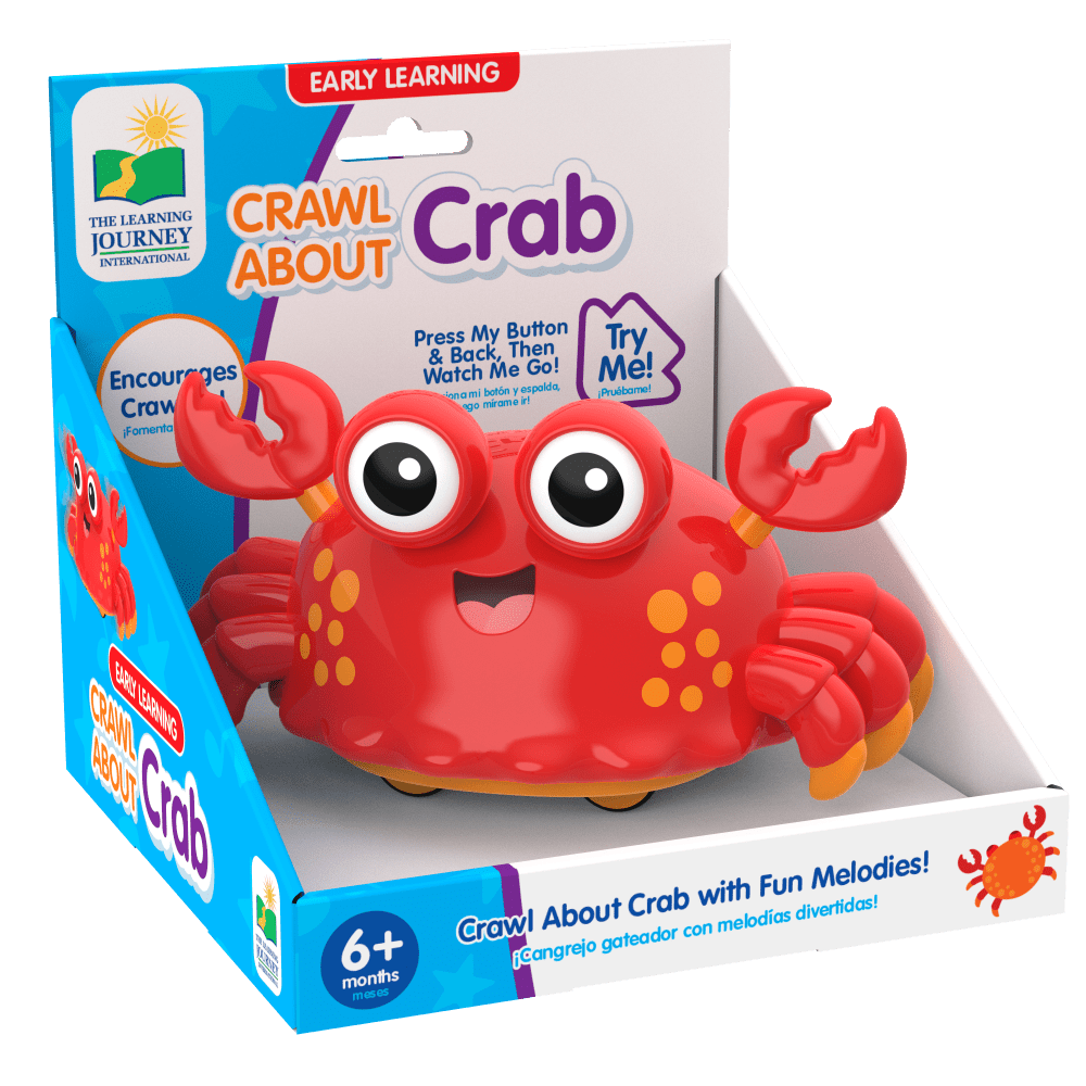 Crab crawl learning toy in retail box showing smiling red crab with big eyes