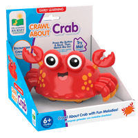 Crab crawl learning toy in retail box showing smiling red crab with big eyes