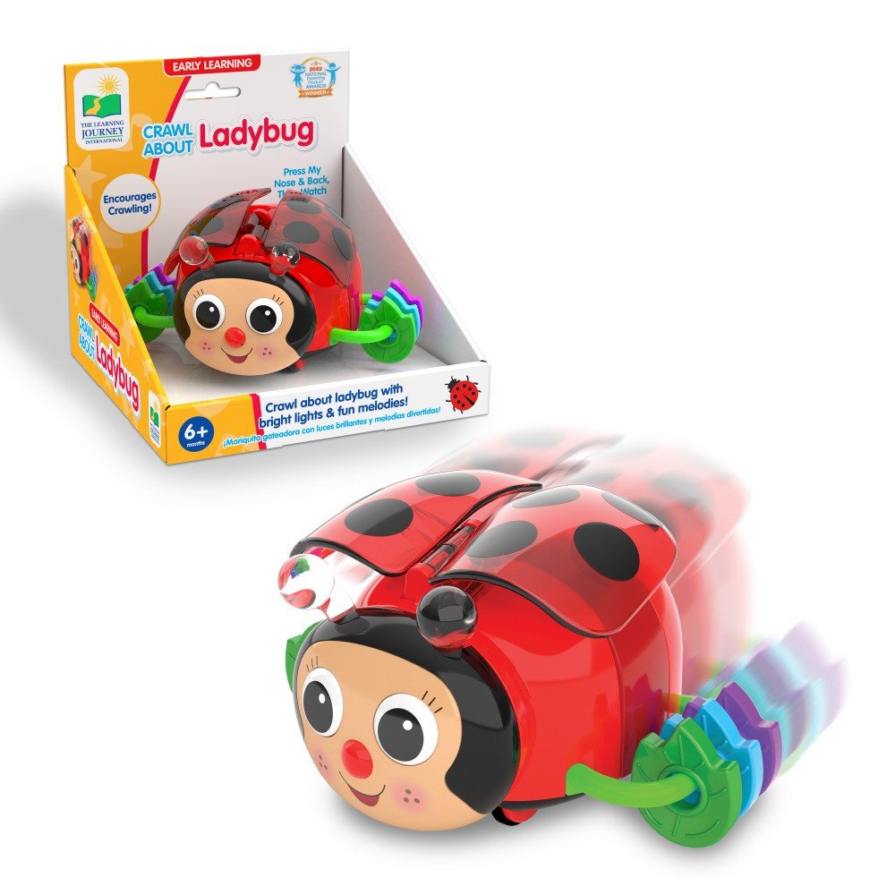 Ladybug crawl-along toy and retail box with colorful learning graphic