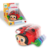 Ladybug crawl-along toy and retail box with colorful learning graphic