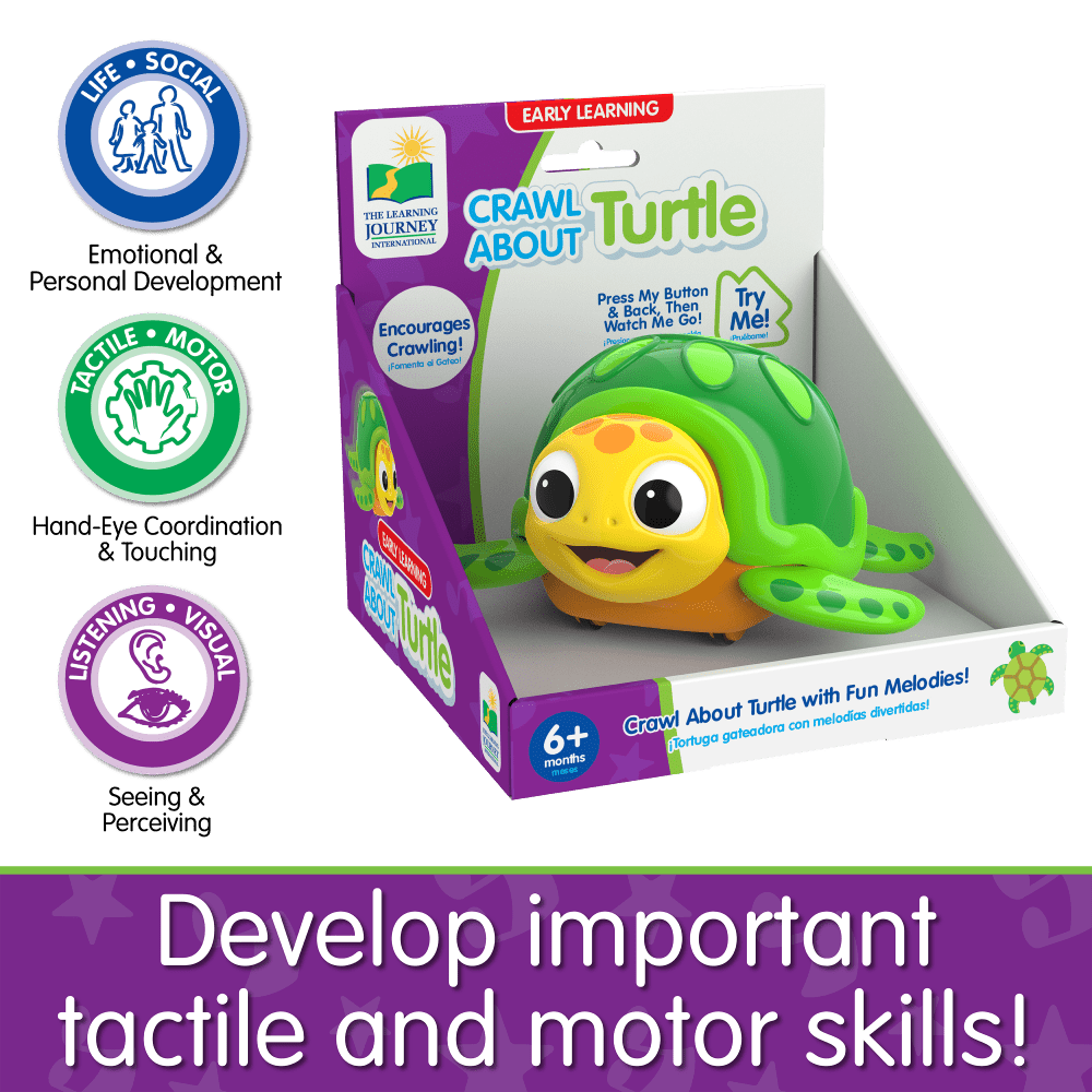 Crawl About Turtle product box with green turtle character and learning icons