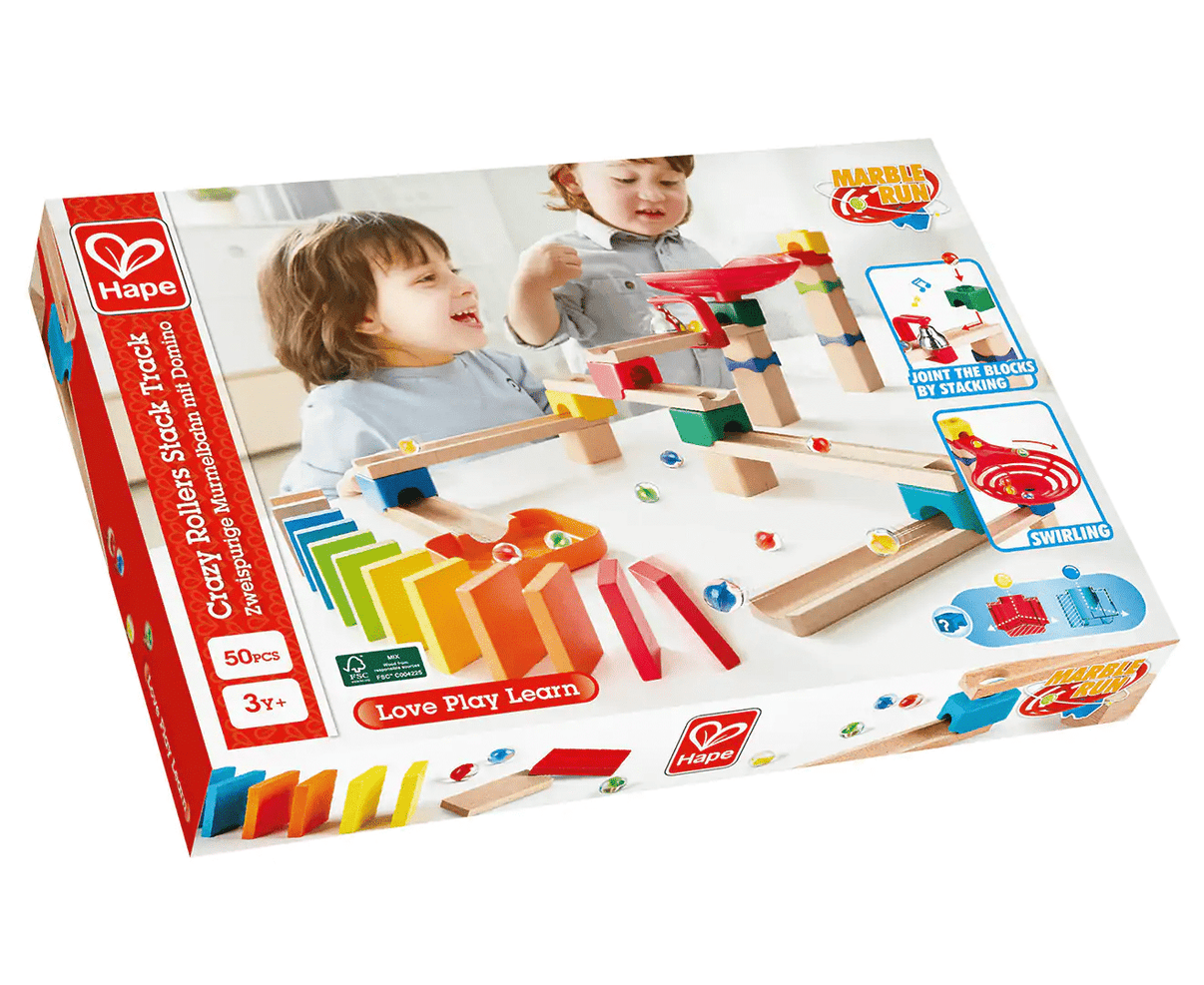 Wooden marble roller track set in colorful pieces, in retail box packaging