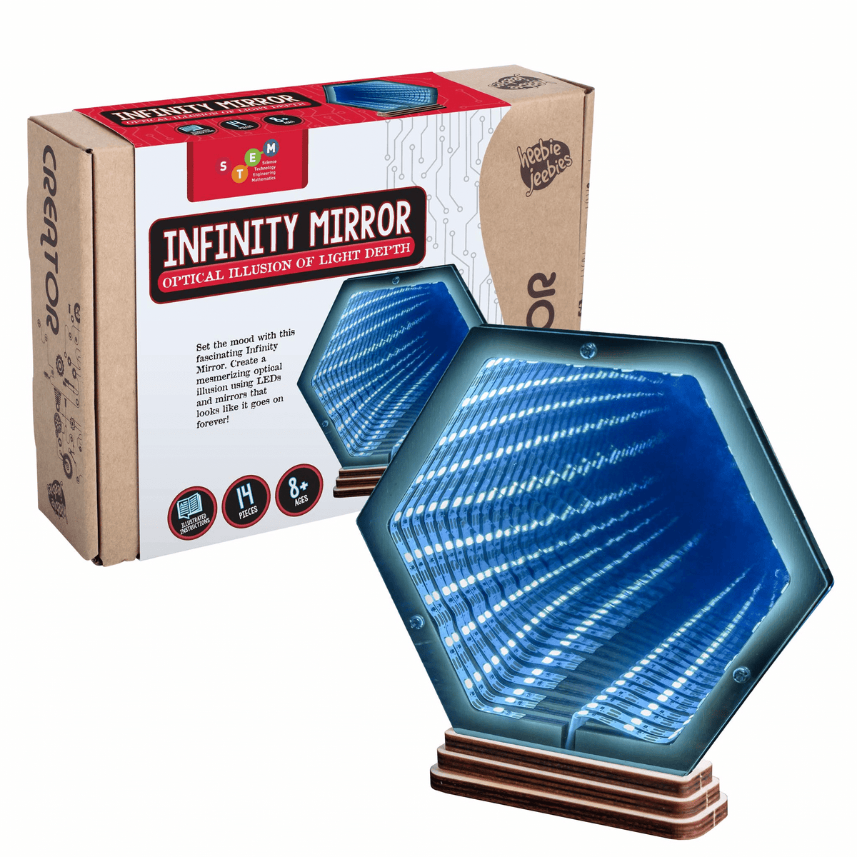 Hexagonal infinity mirror kit box with glowing blue mirrored insert