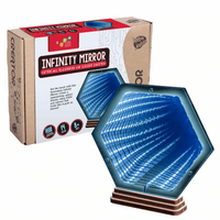 Hexagonal infinity mirror kit box with glowing blue mirrored insert