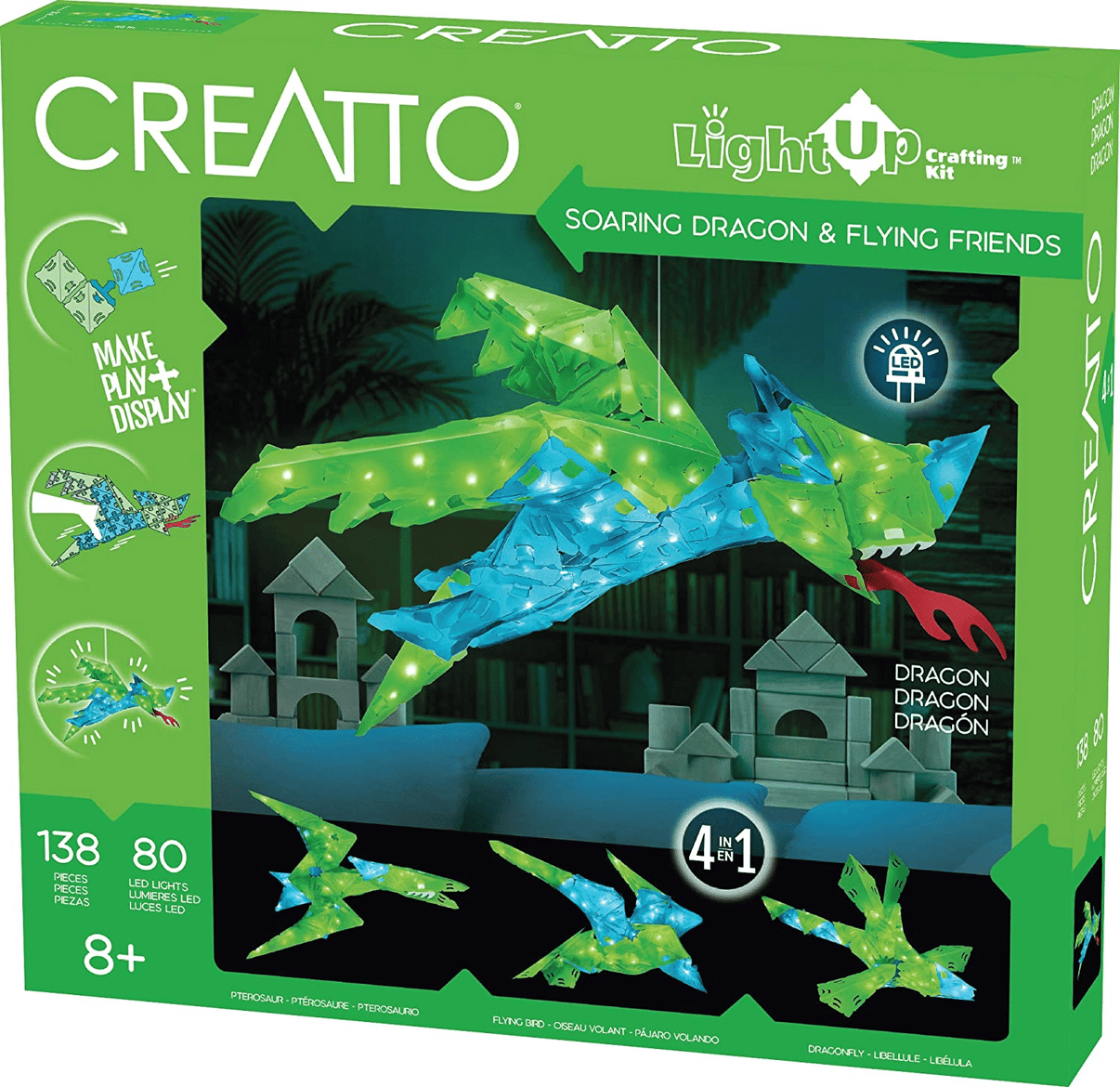 Creatto Light Up building kit box with green and blue soaring dragon and flying friends