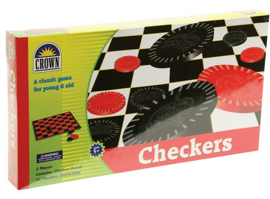 Checkers board game box with Crown logo and black checkered pattern