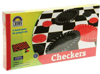 Checkers board game box with Crown logo and black checkered pattern