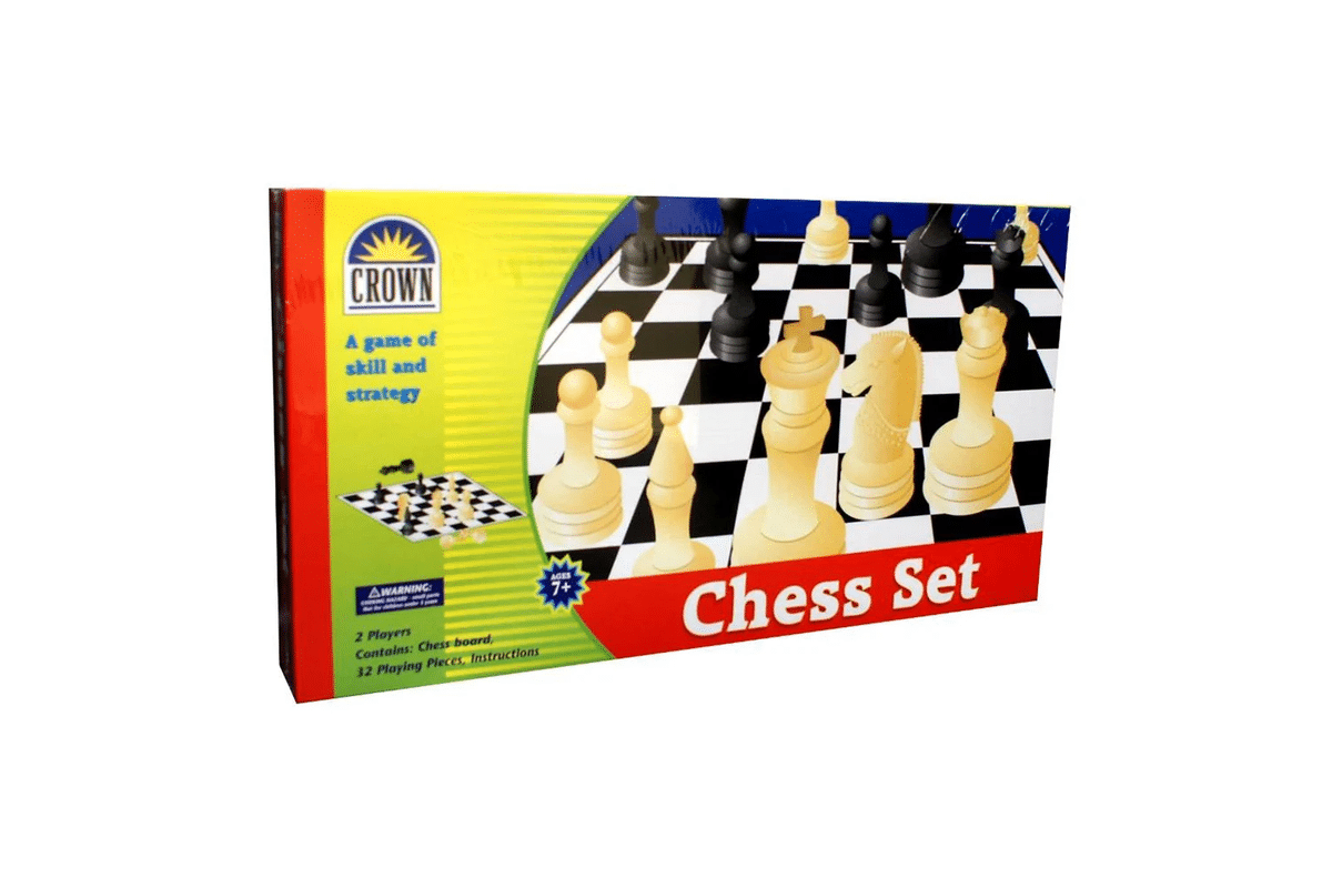 Crown chess set in box with board and black and white pieces