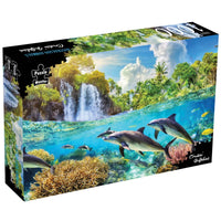1000-piece puzzle box featuring dolphins swimming in a tropical ocean scene.