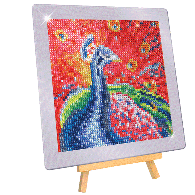 Crystal gem art peacock mosaic on a small easel-style canvas, multicolored stones