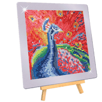 Crystal gem art peacock mosaic on a small easel-style canvas, multicolored stones
